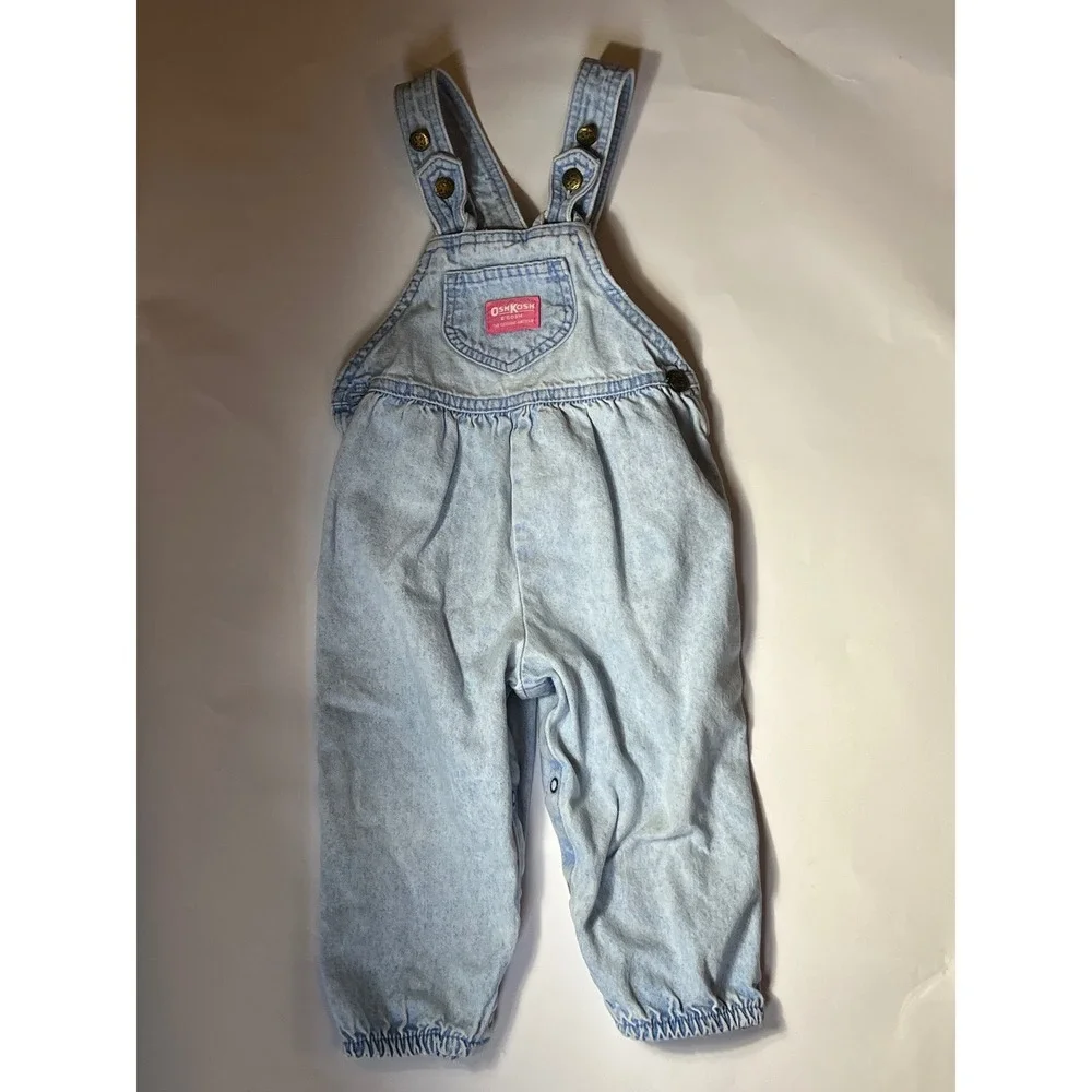 Vintage OshKosh Bgosh‎ Denim Overalls Light Wash Acid Pink Label Bubble Leg 3T